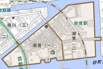 潮見とその周辺の地図。町の範囲を重ねている
