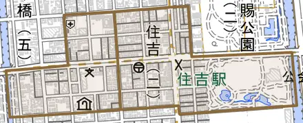 住吉とその周辺の地図。町の範囲を重ねている