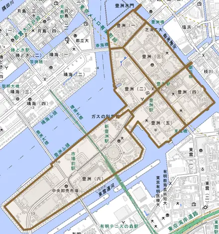 豊洲とその周辺の地図。町の範囲を重ねている