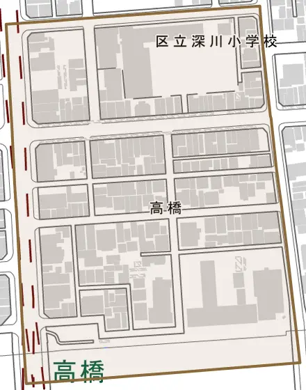 高橋とその周辺の地図。町の範囲を重ねている