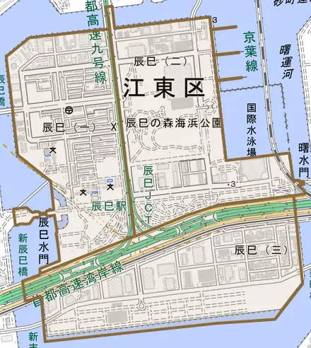 辰巳とその周辺の地図。町の範囲を重ねている