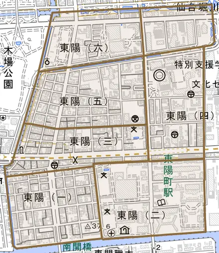 東陽とその周辺の地図。町の範囲を重ねている