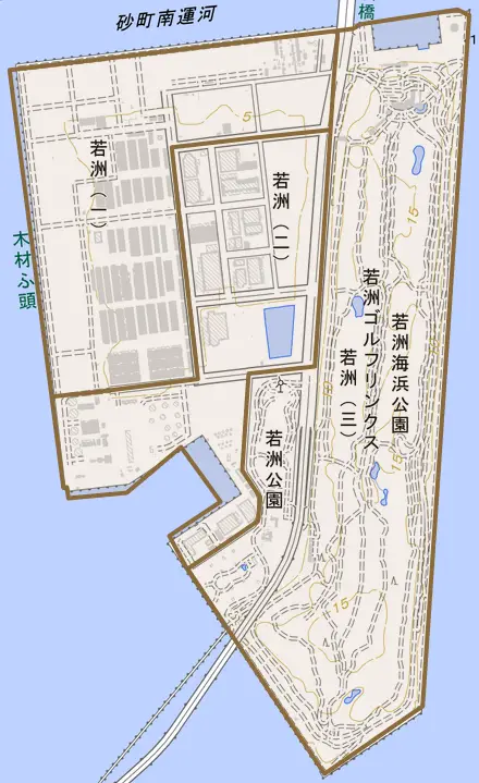 若洲とその周辺の地図。町の範囲を重ねている