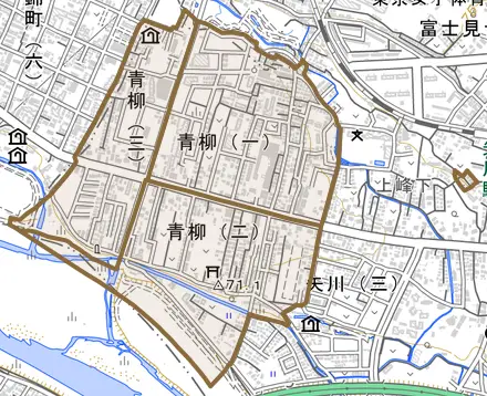 青柳とその周辺の地図。町の範囲を重ねている