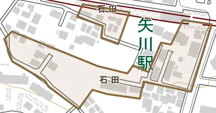 石田とその周辺の地図。町の範囲を重ねている