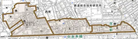 北とその周辺の地図。町の範囲を重ねている