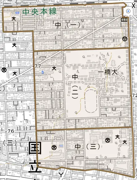 中とその周辺の地図。町の範囲を重ねている