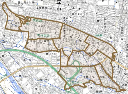 谷保とその周辺の地図。町の範囲を重ねている