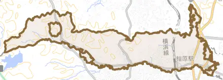 相原町とその周辺の地図。町の範囲を重ねている
