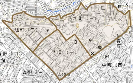 旭町とその周辺の地図。町の範囲を重ねている