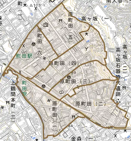 原町田とその周辺の地図。町の範囲を重ねている