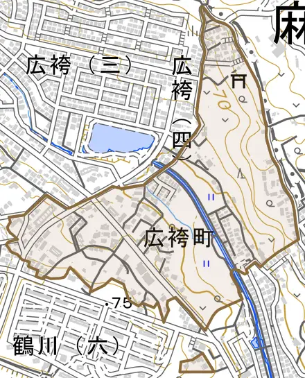 広袴町とその周辺の地図。町の範囲を重ねている