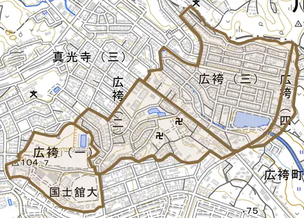 広袴とその周辺の地図。町の範囲を重ねている