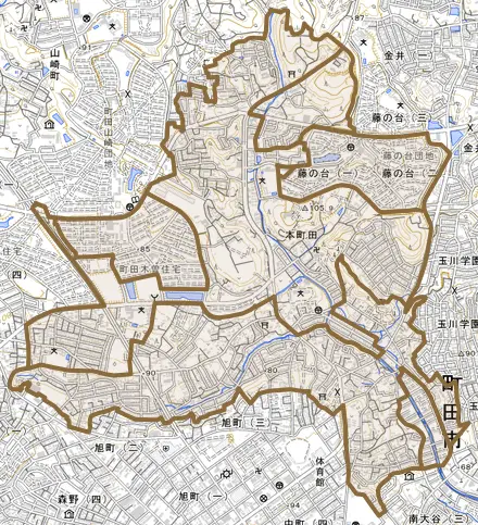 本町田とその周辺の地図。町の範囲を重ねている