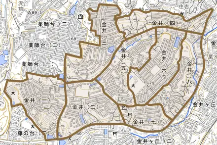 金井とその周辺の地図。町の範囲を重ねている