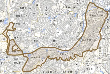 金井町とその周辺の地図。町の範囲を重ねている
