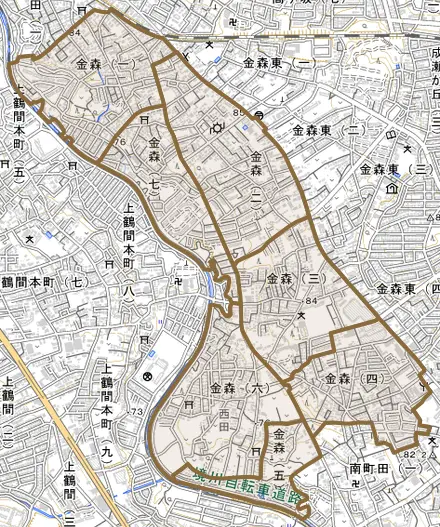 金森とその周辺の地図。町の範囲を重ねている