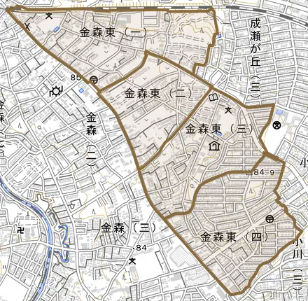 金森東とその周辺の地図。町の範囲を重ねている