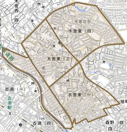 木曽東とその周辺の地図。町の範囲を重ねている