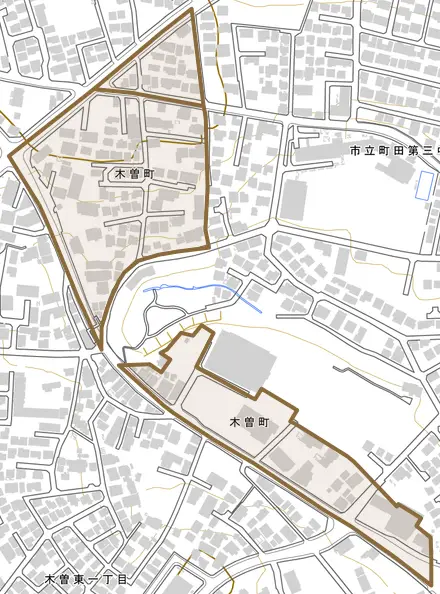 木曽町とその周辺の地図。町の範囲を重ねている