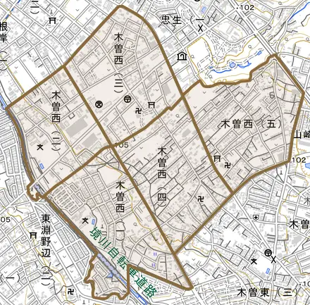 木曽西とその周辺の地図。町の範囲を重ねている