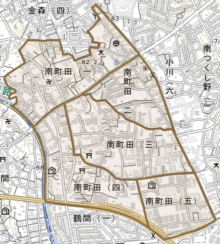 南町田とその周辺の地図。町の範囲を重ねている