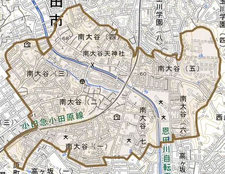 南大谷とその周辺の地図。町の範囲を重ねている