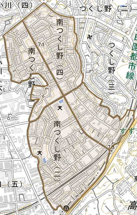 南つくし野とその周辺の地図。町の範囲を重ねている