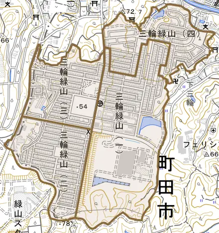 三輪緑山とその周辺の地図。町の範囲を重ねている