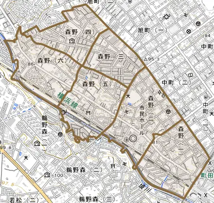 森野とその周辺の地図。町の範囲を重ねている