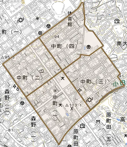 中町とその周辺の地図。町の範囲を重ねている