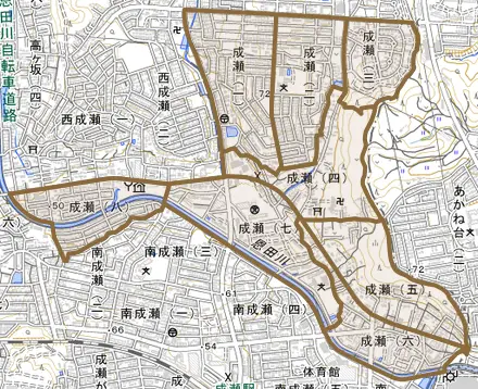 成瀬とその周辺の地図。町の範囲を重ねている