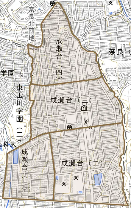 成瀬台とその周辺の地図。町の範囲を重ねている