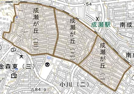 成瀬が丘とその周辺の地図。町の範囲を重ねている