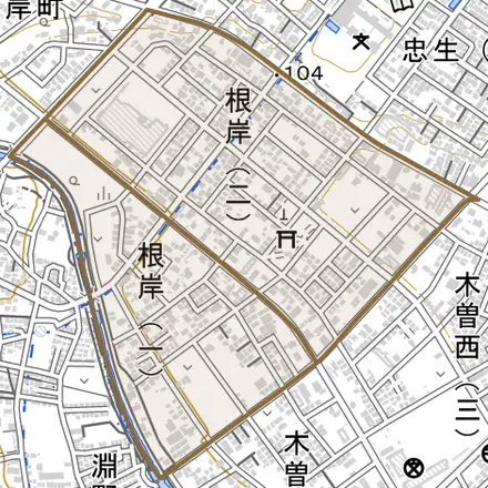 根岸とその周辺の地図。町の範囲を重ねている