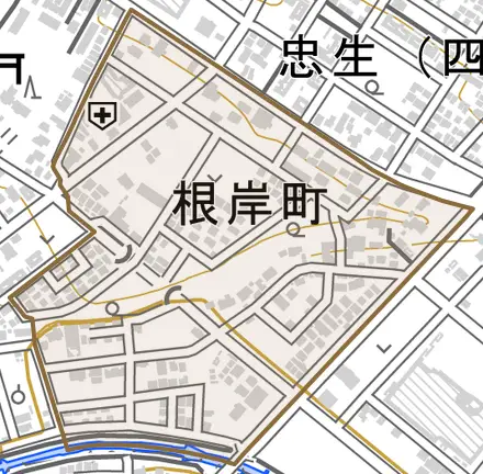 根岸町とその周辺の地図。町の範囲を重ねている
