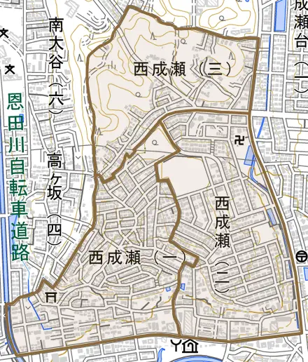 西成瀬とその周辺の地図。町の範囲を重ねている
