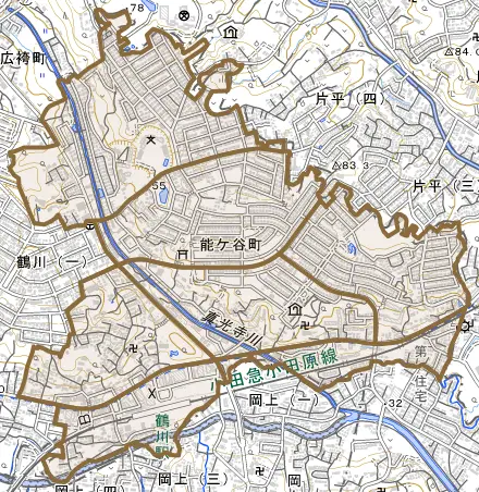 能ヶ谷とその周辺の地図。町の範囲を重ねている