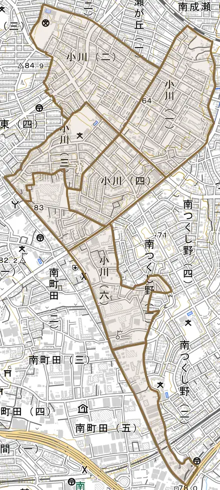小川とその周辺の地図。町の範囲を重ねている