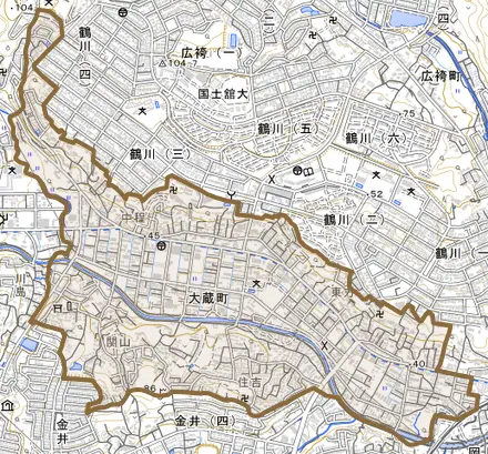 大蔵町とその周辺の地図。町の範囲を重ねている