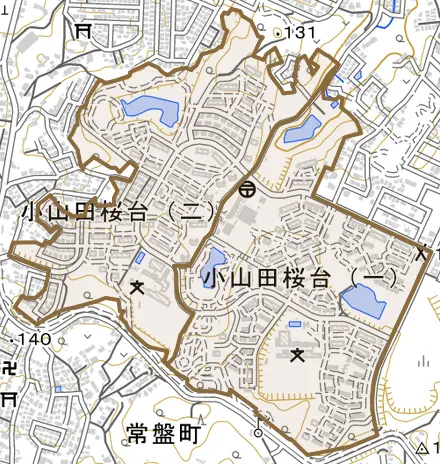 小山田桜台とその周辺の地図。町の範囲を重ねている