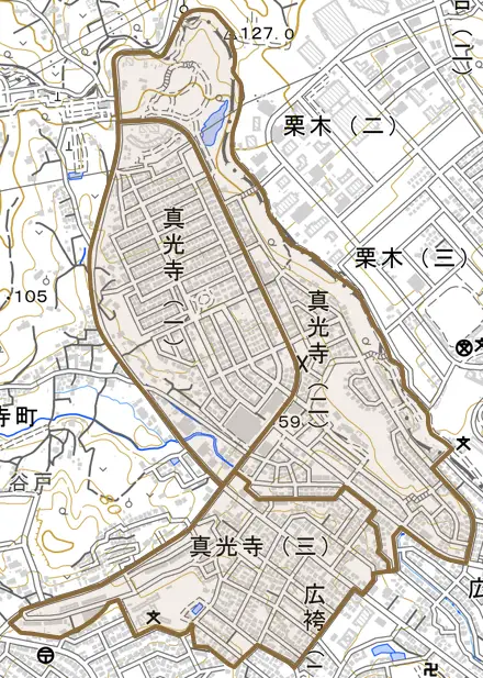 真光寺とその周辺の地図。町の範囲を重ねている