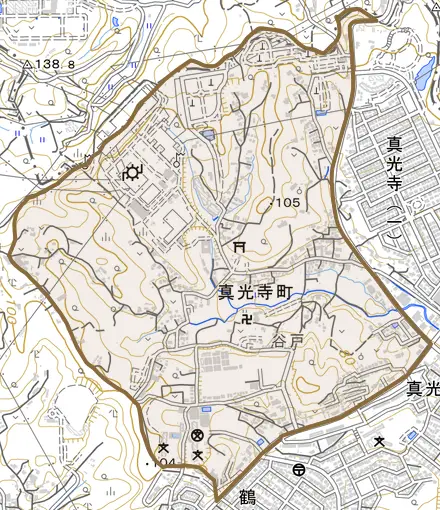 真光寺町とその周辺の地図。町の範囲を重ねている