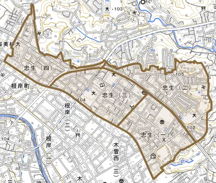 忠生とその周辺の地図。町の範囲を重ねている