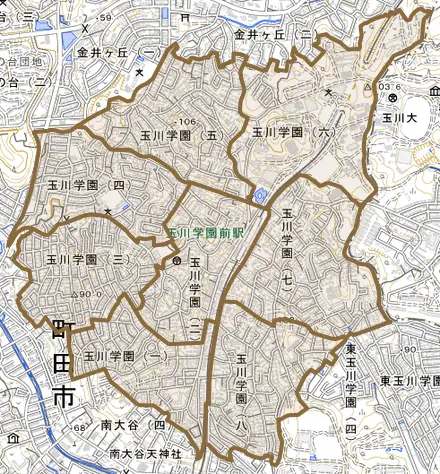 玉川学園とその周辺の地図。町の範囲を重ねている