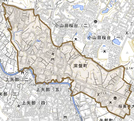 常盤町とその周辺の地図。町の範囲を重ねている
