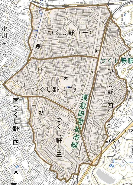 つくし野とその周辺の地図。町の範囲を重ねている