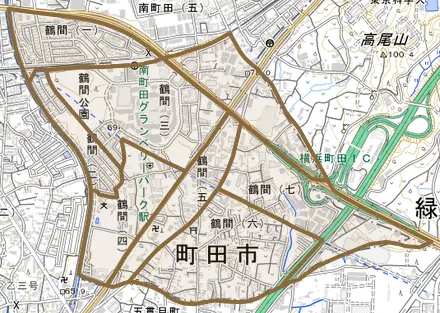 鶴間とその周辺の地図。町の範囲を重ねている