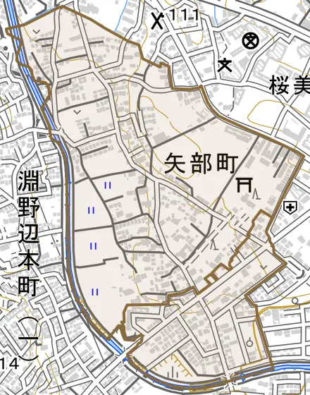 矢部町とその周辺の地図。町の範囲を重ねている