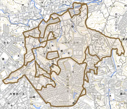 山崎町とその周辺の地図。町の範囲を重ねている